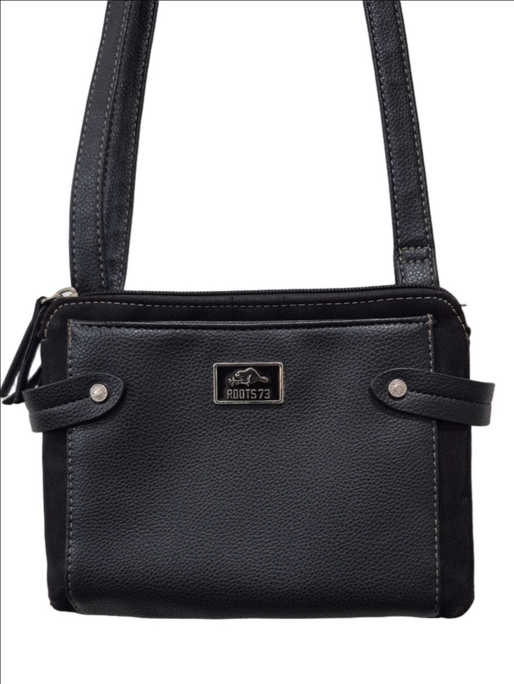 Roots 73 Black Pebbled Vegan Leather Crossbody Bag Triple Zip Multi-Pocket Purse - Picture 1 of 16